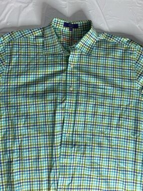 Alan Flusser Shirt Mens Large Blue Green Plaid Button Up Cotton Dress Shirt